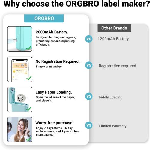 ORGBRO Blue Label Maker Machine with Tape, Random Color-1 Count, X1 Bluetooth Mini Label Printer, Wireless Small Sticker Maker with Versatile App for School Home Office Organization