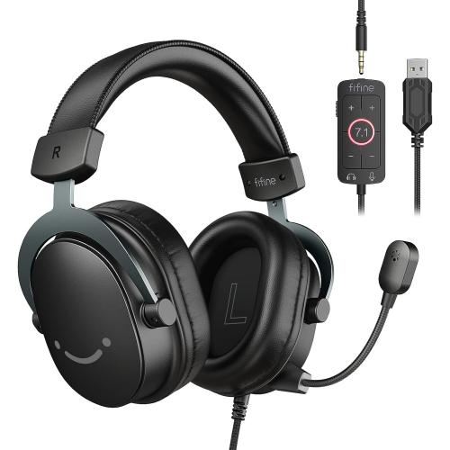 FIFINE PC Gaming Headset, USB Headset with 7.1 Surround Sound, Detachable Microphone, Control Box, 3.5mm Headphones Jack, Over-Ear Wired Headphones for PS5/Xbox/Switch, Black-AmpliGame H9