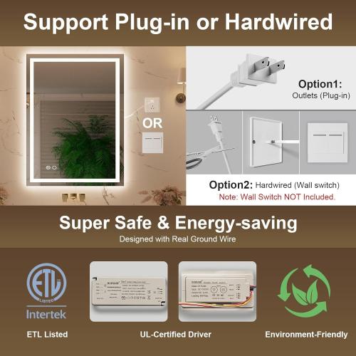 20x28 Inch LED Bathroom Mirror with Lights, Backlit   Front Lit, Dimmable Wall Bathroom Mirror with Led Lights, Anti-Fog, Tempered Glass, 3 Colors, Memory(Horizontal/Vertical)