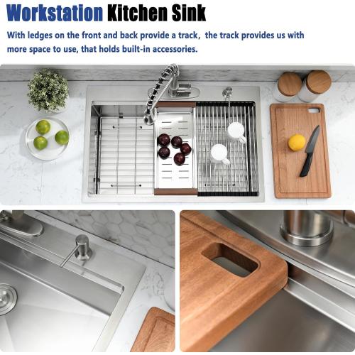 33 x 22 Drop In Kitchen Sink with Faucet Combo - 33x22 Drop In Sink and Faucet Combo Set,Stainless Steel 10 Inch Deep Single Bowl Workstation Sinks with Accessories