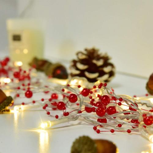 2Pack Christmas Berry Beaded Garland, 11FT/Pcs Christmas Garland with 30LED String Lights for Christmas Decorations, Fireplace Mantel Indoor Outdoor Christmas Decoration