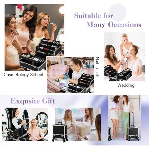 Leeora&Leekoo High-Capacity Multilayer Portable Nail Case for Nail Tech Organizer with Wheels - Lockable Makeup Case Organizer, Cosmetic Case, Makeup Train Case (Black)