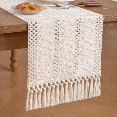 Socomi Boho Table Runner Summer Farmhouse Rustic Dining Kitchen Centerpiece Decor Small Macrame Woven Cotton Linen Coffee Table Runner for Dresser Scarf Home Decor 12x36 inch Cream Ivory
