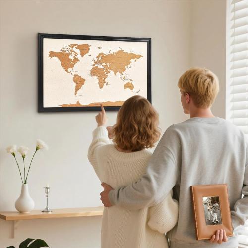 Wooden Frame Cork Board Map of World, 20 X 30 Bulletin Boards for Walls with 10 Pins, Travel Tracker Map for Office, School and Home (WD-MAP,5075,D)