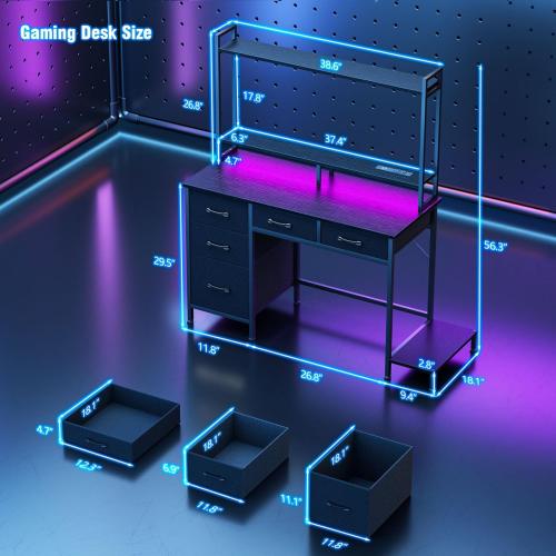 Computer Gaming Desk with Hutch, Home Office Desk with Power Outlets, LED Light, 5 Storage Drawers, 2 Tiers Shelves for Display, 39 Inch Modern Study Writing Table for Bedroom, Black