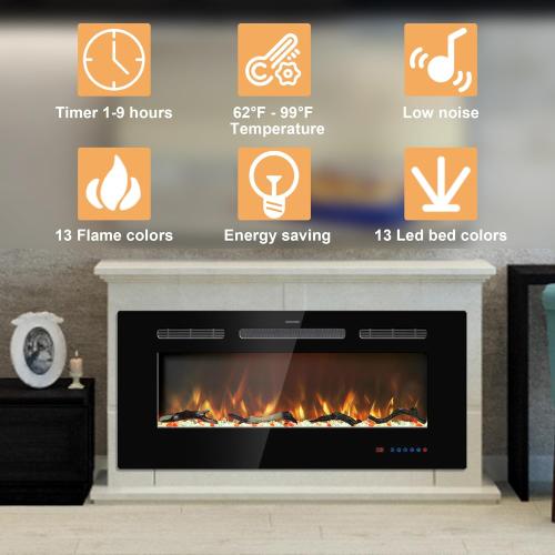 Size 42 inches Electric Fireplace Inserts, Recessed and Wall Mounted Fireplace Heater, Linear Fireplace w/Thermostat, Remote & Touch Screen, Multicolor Flame, Timer, Logs & Crystal, 750W/1500W