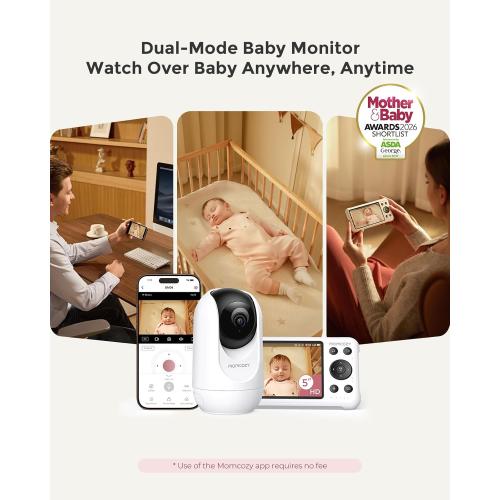 Momcozy Smart WiFi Baby Monitor with Camera and Audio, 5 1080P Screen with Wall Mount, Motion & Cry Detection, Safe Fence,Clear Night Vision, 5000mAh Battery, 2-Way Talk, Photo & Video Recording,BM04