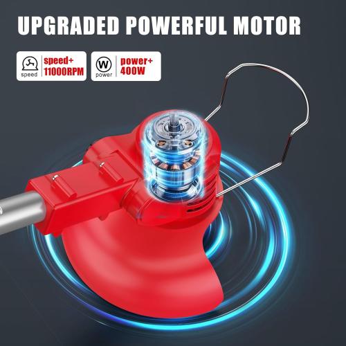 Weed Wacker 21V, Bamse Cordless String Trimmer with 2 Batteries 2.0Ah, 2 Types Metal Blades Powered Weed Eater, Pruning Shears, Adjustable Pole GrassTrimmer for Garden and Yard Lawn, Red