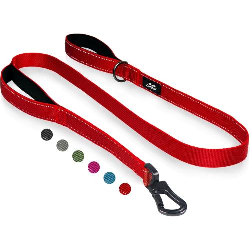 TwoEar 6FT 1IN Strong Red Dog Leash with 2 Padded Handles, Traffic Handle Extra Control, Comfortable Soft Dual Handle, Auto Lock Hook, Reflective Walking Lead for Small Medium and Large Dogs