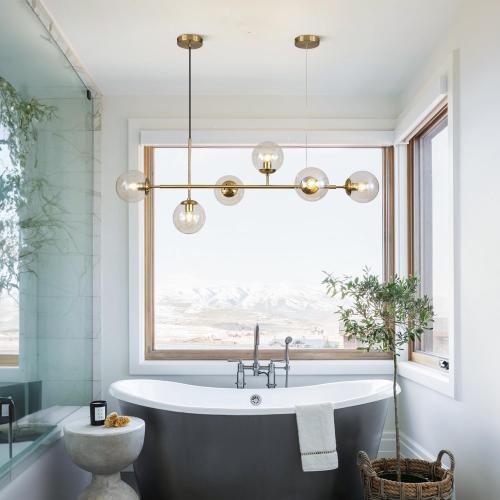 KCO Lighting Globe Linear Chandelier 6 Light Amber Glass Pendant Light Fixture Gold Kitchen Island Lighting Long Brass Sputnik Chandelier Dining Room Light Fixtures Over Table