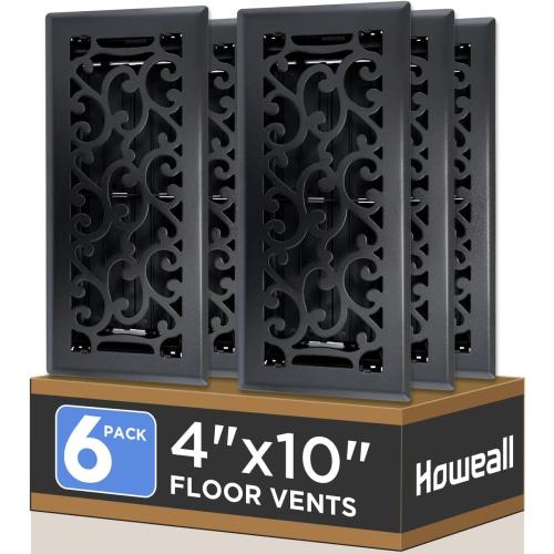 4x10 Inches 6 Pack Heavy Duty Walkable Floor Register - Easy Adjust Air Supply Lever Decorative Floor Vent Covers, Savannah Design Vent Covers for Home - Matte Black