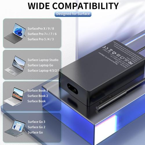 Black 6.5Ft Surface Pro Laptop Charger 65W Power Adapter for Microsoft Surface Pro 3/4/5/6/7/8/9/X, Windows Surface Laptop 6/5/4/3/2/1, Surface Book 3/2/1, Surface Go Tablet, 6.5FT Power Cord