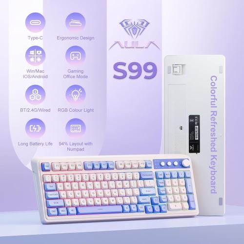 AULA S99 Wireless Keyboard, Tri-Mode Bluetooth/2.4GHz/USB-C Cute Creamy Gaming Keyboard with Number Pad RGB Backlit, Media Knob Custom Computer Keyboards for MAC Xbox PC Gamer - Gradient Purple