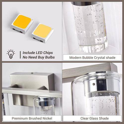Bathroom Light Fixtures, 4 Light Brushed Nickel Vanity Light Over Mirror, 3 Color LED Bathroom Vanity Lights with Crystal Bubble Glass, Dimmable Bubble Wall Sconce Lighting for Bathroom, Living Room