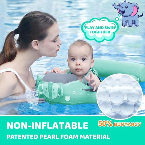 Mambobaby Baby Swim Float with Canopy & Tail Infant Pool Float Non-Inflatable Toddler Swim Float with Skin-Friendly Material for 3-24 Months Baby Boys Grils Elephant Green