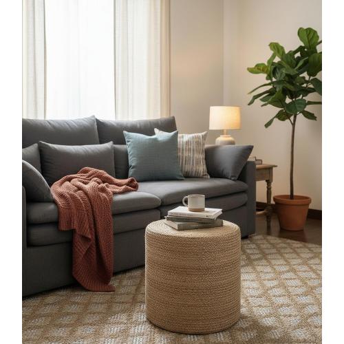 S & L Homes Pouf Ottoman - 100% Natural Jute Braided- Hand Knitted - Traditional Cord Boho Pouffe - for The Living Room, Bedroom, Nursery, Patio, Lounge (16 x 16 x 16)