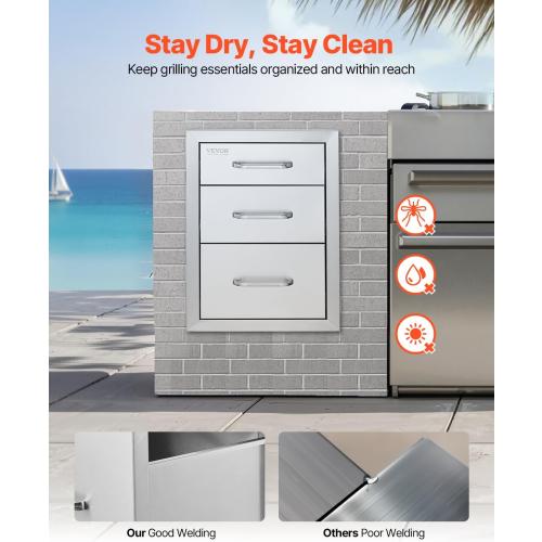 VEVOR  Outdoor Kitchen Drawers Stainless Steel, Flush Mount Triple Drawer, with Stainless Steel Handle, BBQ Drawers for Outdoor Kitchens or BBQ Island