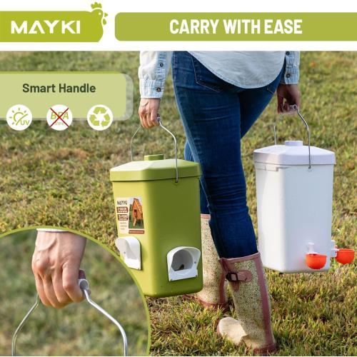 MAYKI Chicken Feeder and Waterer Set, 3 Gallon/26 LB No Waste Poultry Feeding System with Hanging Option, Automatic Coop Accessories for 10 Hens, Upgraded Feeder Port Water Cup, BPA-Free Winter Design‼️light dirt‼️