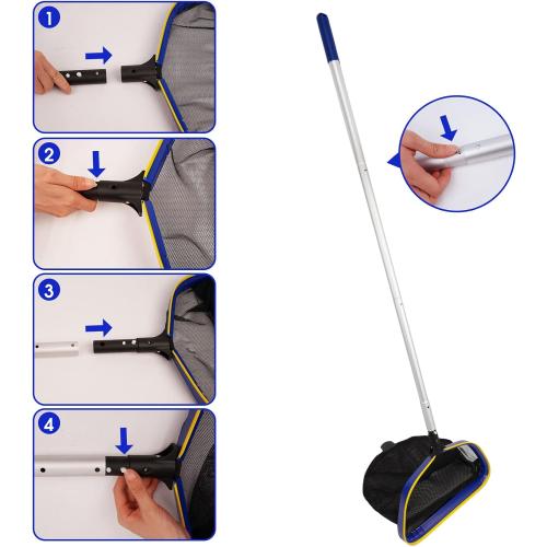 Poolvio Pool Deep Skimmer Net with 3ft - 10ft 1.0mm Thick Adjustable Aluminum Pole & Fine Mesh Bag Leaf Skimmer Rake Net for Above Ground & Inground Swimming Pools, Removes All Debris