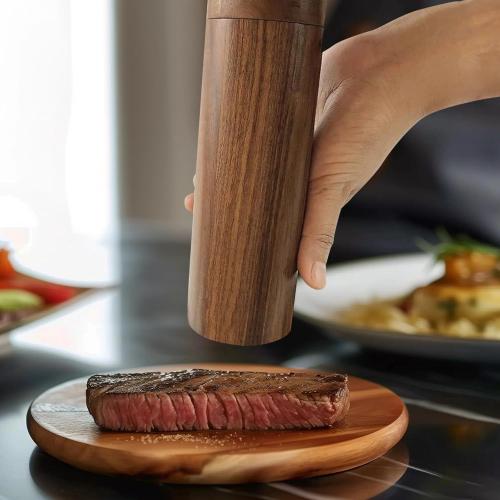 8 Inch Wooden Spice Grinder Set, Adjustable Manual Pepper Mills, Refillable Acacia Wood Pepper Grinders, Includes Base & Brush