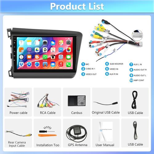 Car Stereo for Honda Civic 2012 2013 2014 2015 with Bluetooth,Podofo Android 13 9 Inch Touchscreen Car Radio Receiver with GPS Navigation/Mirror Link/WiFi/SWC/USB/FM/RDS   AHD Backup Camera