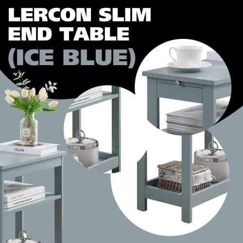 Kings Brand Furniture - Slim Wood Side End Table with Storage Shelves & Pull-Out Tray, Nightstand for Bedroom, Living Room, Ice Blue