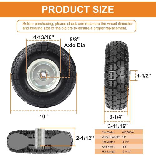 4.10/3.50-4 Tire and Dolly Wheel Flat Free - Solid Rubber Hand Truck Wheels 5/8 Axle - Gorilla Cart Tires Replacement for Garden, Wagon, Yard and Wheelbarrow (10 Inch 4 Pack)