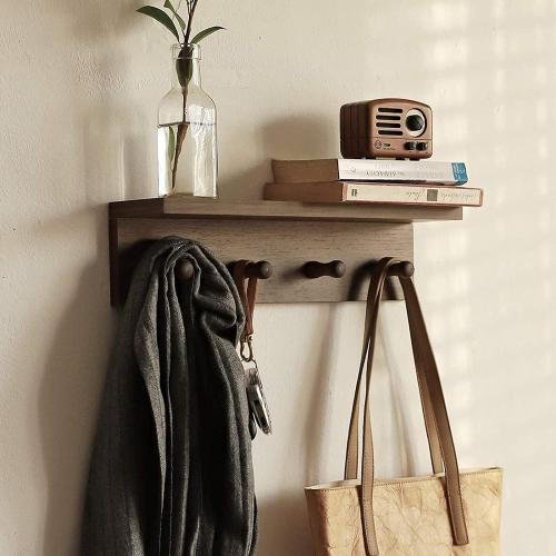 Entrance Coat Rack ，Coat Hooks, Wall-Mounted Wooden Hook Rack, Wall-Mounted Shelves are Very Suitable (Walnut Color Finish—A-1)