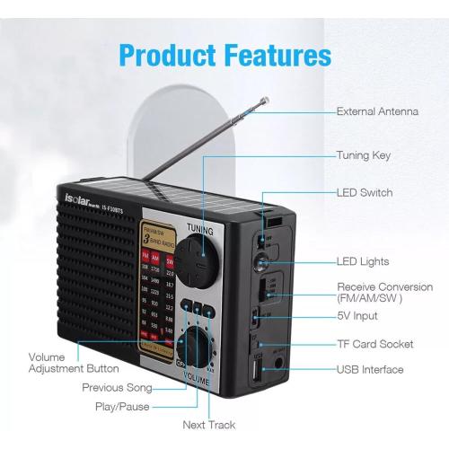 ikaufen Solar Portable FM/AM SW Radio Digital Bluetooth Speaker MP3 Player Rechargeable Comes with a Flashlight and Wrist Strap