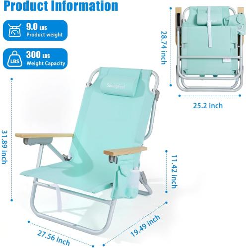 SUNNYFEEL Low Back Folding Beach Chair, Aluminum Heavy Duty Beach Chair with 5-Position, Portable Camping Chair for Adults with Wood Armrest, Lightweight Camping Chair 300lbs, Green