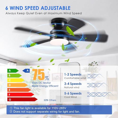 41 inch Ceiling Fans with Lights, Black Flush Mount Ceiling Fan with Remote, 3CCT, LED Dimmable, Reversible, 6 Fan Speeds, Quite Low Profile Ceiling Fan with Lights Modern Bedroom Kitchen Indoor