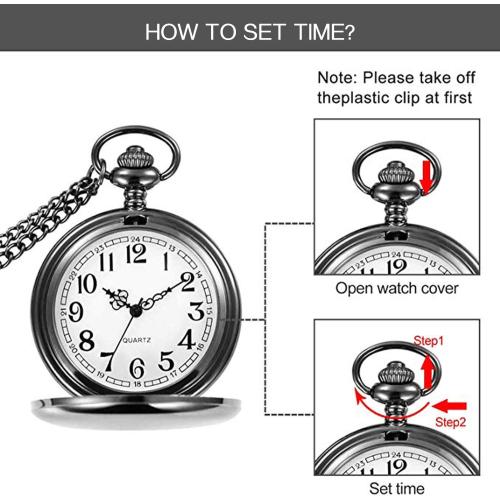 BLACK RORIOS Pocket Watch Vintage Steel Mens Womens Pocket Watches Smooth Case Arabic Numbers Modern Quartz Pocket Watch with Chain