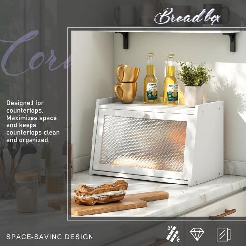 Large Farmhouse Bread Box with Window -White Natural Wood Bread Storage Container for Kitchen Countertop