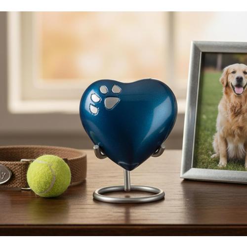 eSplanade Brass Mini Cremation Heart-Shaped Keepsake Memorial Jar Pot Container | Small Urn for Funeral Ashes Burial | Paws Engraved Metal Keepsake with Stand | Dark Blue - 2.75 Inches