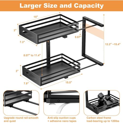 Under Sink Organizer, 2 Tier Under Sink Organizers and Storage, Adjustable Height, Slide Out Metal Cabinet Organizers, Pull Out Cabinet Storage Drawer Shelf for Kitchen Bathroom Black, 2 Pack