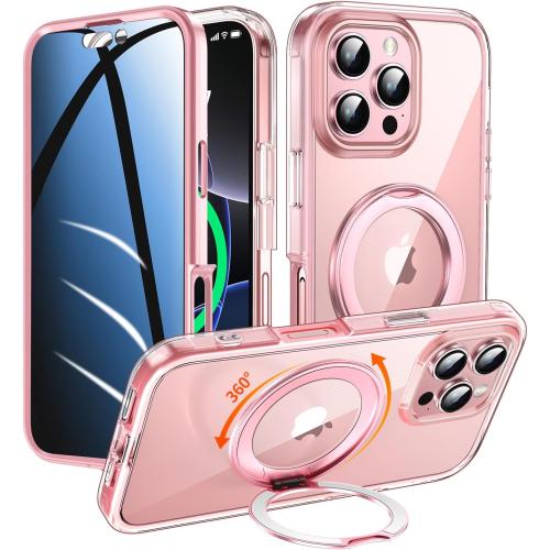 Privacy Case for iPhone 16 Pro with 360°Stand [Built-in Anti Peeping Screen Protector] [Compatible with MagSafe] [Magnetic Ring ] Full Body Protective Phone Cover 6.3, Pink