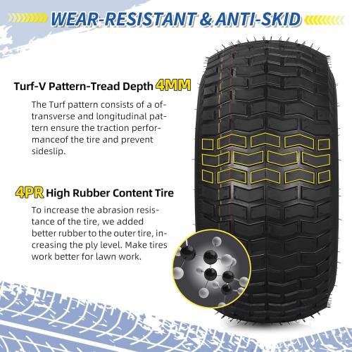 20x10.00-8 Lawn Mower Tire and Wheel, 4 Ply Tubeless Tire, Replacement 20x10-8nhs Riding Lawn Mower and Tractor Rear Tire and Wheel Assemblies, 3.5 Offset Hub, 3/4 Borehole, and 3/16 Keyway