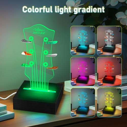 Guitar Pick Holder with with Remote Control & 7 Color LED Lights - Classic Headstock Shaped Display Case for 6 Picks, USB-Powered Music Decor & Nightlight Gift for Guitar Players