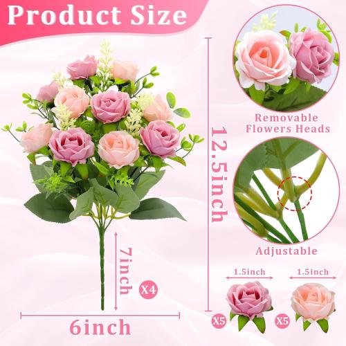 TURNMEON 40 Heads Fake Roses Artificial Flowers for Outdoors Spring Decor, 4 Bouquets UV Resistant Fake Flower Bouquet Faux Silk Roses for Wedding Birthday Party Home Summer Cemetery Decor(Pink)***