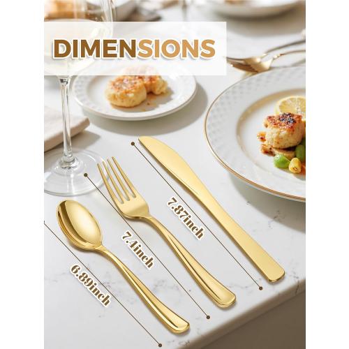 WDF 180 Pieces Disposable Plastic Gold Silverware Cutlery - Disposable Flatware Set 60 Forks, 60 Knives and 60 Spoons - Heavy Duty Gold Plastic Cutlery - Utensils for Baby Shower Wedding Spring