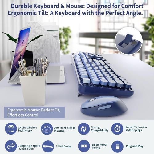Nowlike Wireless Keyboard and Mouse Combo, Retro Typewriter Keyboard with Round Keycaps, Full-Size Ergonomic, Blue, Ideal for Windows PC, Home, Office, and College, Wireless Keyboard Mouse Combo