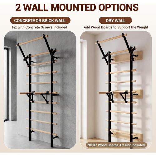 GMWD Swedish Ladder, Stall Bar, Suspension Trainer with Pull-Up Bar and Dip Bar Attachments, Wooden Stall Bar with 9 Strategic Rods for Core Strengthening and Stretching Balanced for Body Exercises
