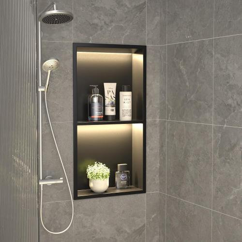 Stainless Steel Led Shower Niche Black 24 X 12 No Tile Needed | Recessed niche matte black w/ 2-tier shelf,Led driver UL listed,vertical niche,non-dimmable,3000K warm light IP66 waterproof