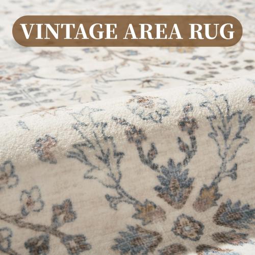 MontVoo-Vintage Area Rug 8X10 Color Beige for Living Room - Soft Distressed Printed Carpet for Bedroom - Non Slip, Machine Washable for Dining Room, Bedside, Office