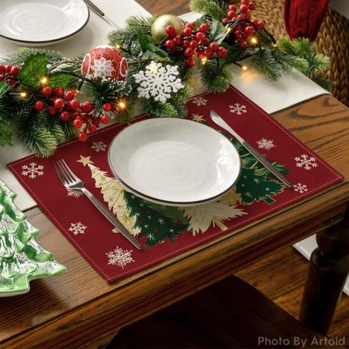 Artoid Mode Xmas Trees Snowflakes Winter Placemats Set of 4, 12x18 Inch Seasonal Red Christmas Table Mats for Party Kitchen Dining Decoration