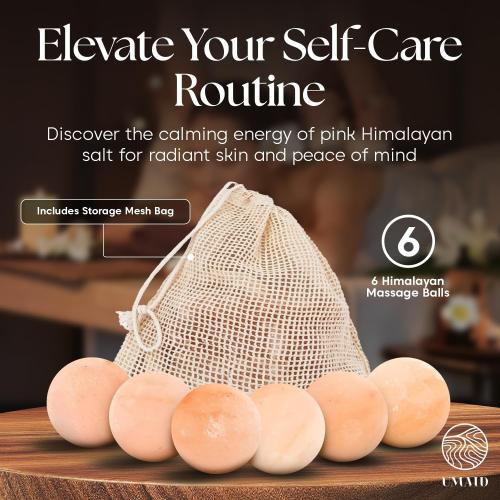 UMAID Himalayan Salt Massage Balls 6-Pack with Cotton Mesh Bag, Natural Therapy Stones for Hot & Cold Muscle Relief, Relaxation & Spa Massage, Warm in Microwave or Chill in Freezer