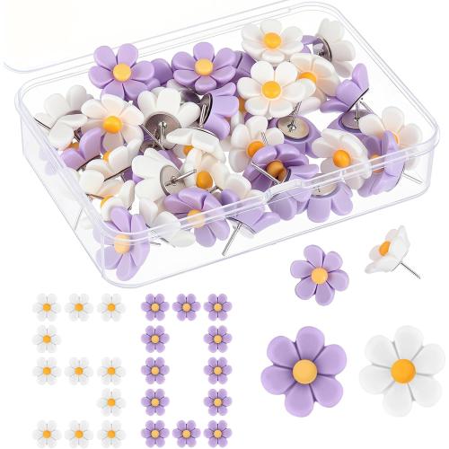 50 Pcs Flower Push Pins Cute Push Pins for Cork Board Decorative Floret Wall Thumb Tacks for Bulletin Board Office Hanging Photo Poster Wall (Purple,White)