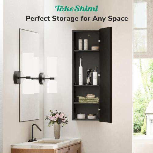 TokeShimi 12x36 Recessed Medicine Cabinet with Mirror Surface Mount, Aluminum Framed Metal Black Medicine Cabinet Mirrored, Bathroom Beveled Mirror with Storage Adjustable