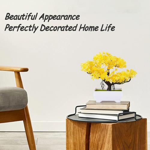 Mini Artificial Bonsai Tree with Cement Pot Home Decor, Yellow