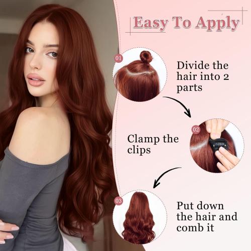 Clip In Hair Extensions One Piece 24 Inch Long Curly Synthetic Wavy Hair Extensions Clips Ins Natural Fluffy Clip On Extension Hair Pieces Thickened Hair Extension Clips for Women Copper Red